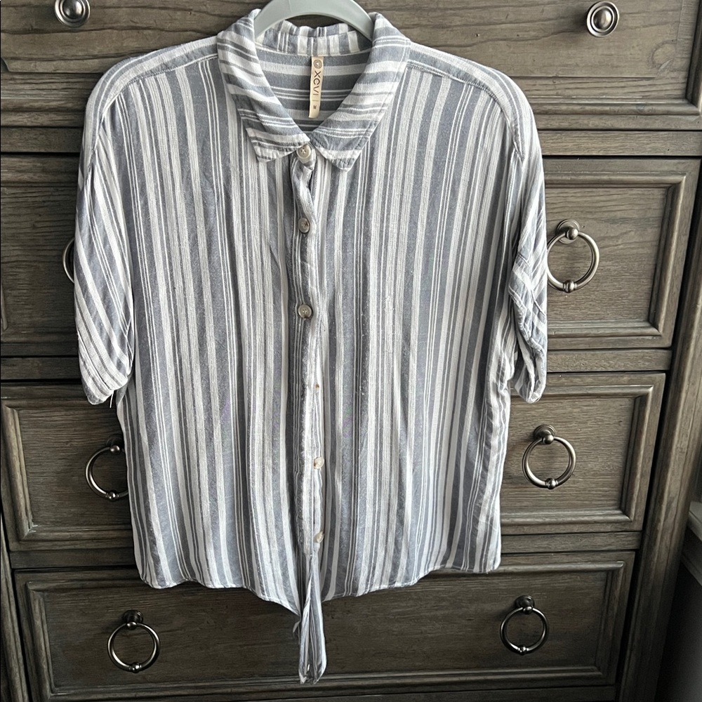 XCVI Womens Cotton Tie Short Sleeve Collared Wear To Work Button Up Top